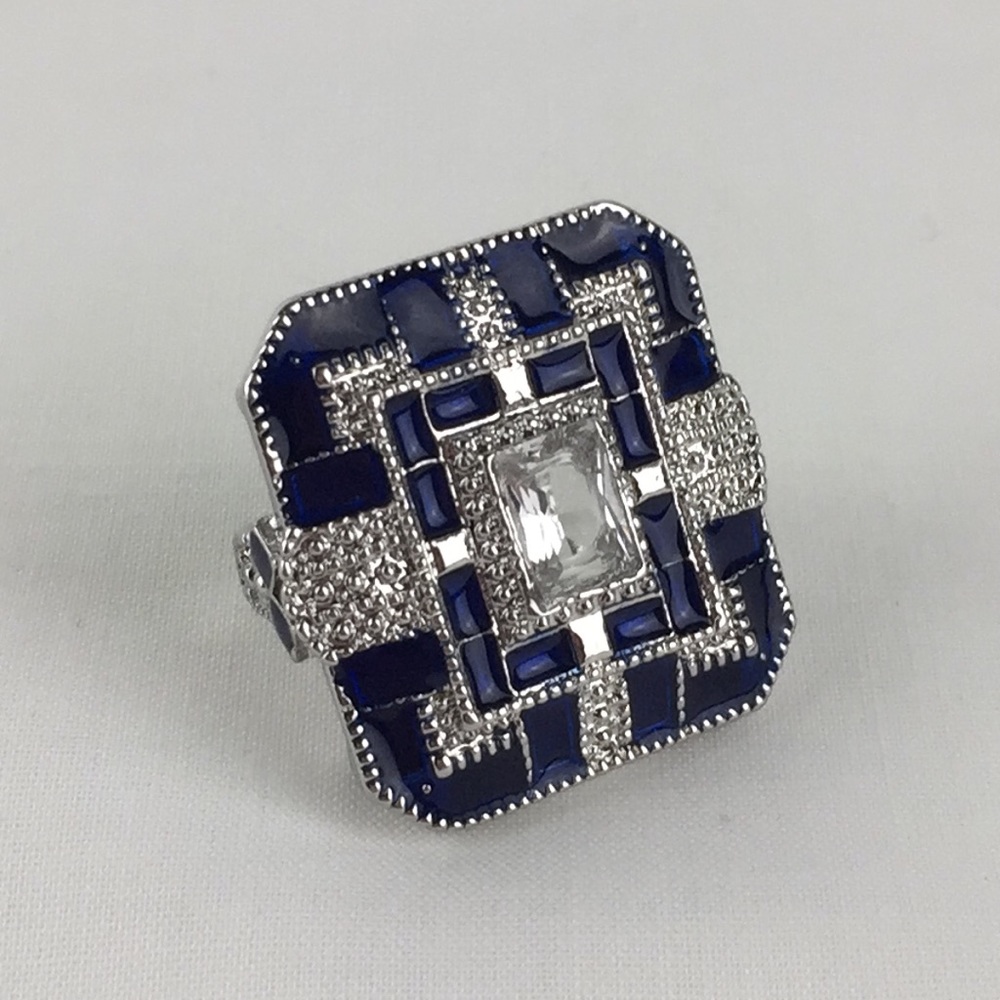 Size 7 Blue Enamel Clear Rhinestone Fashion Ring